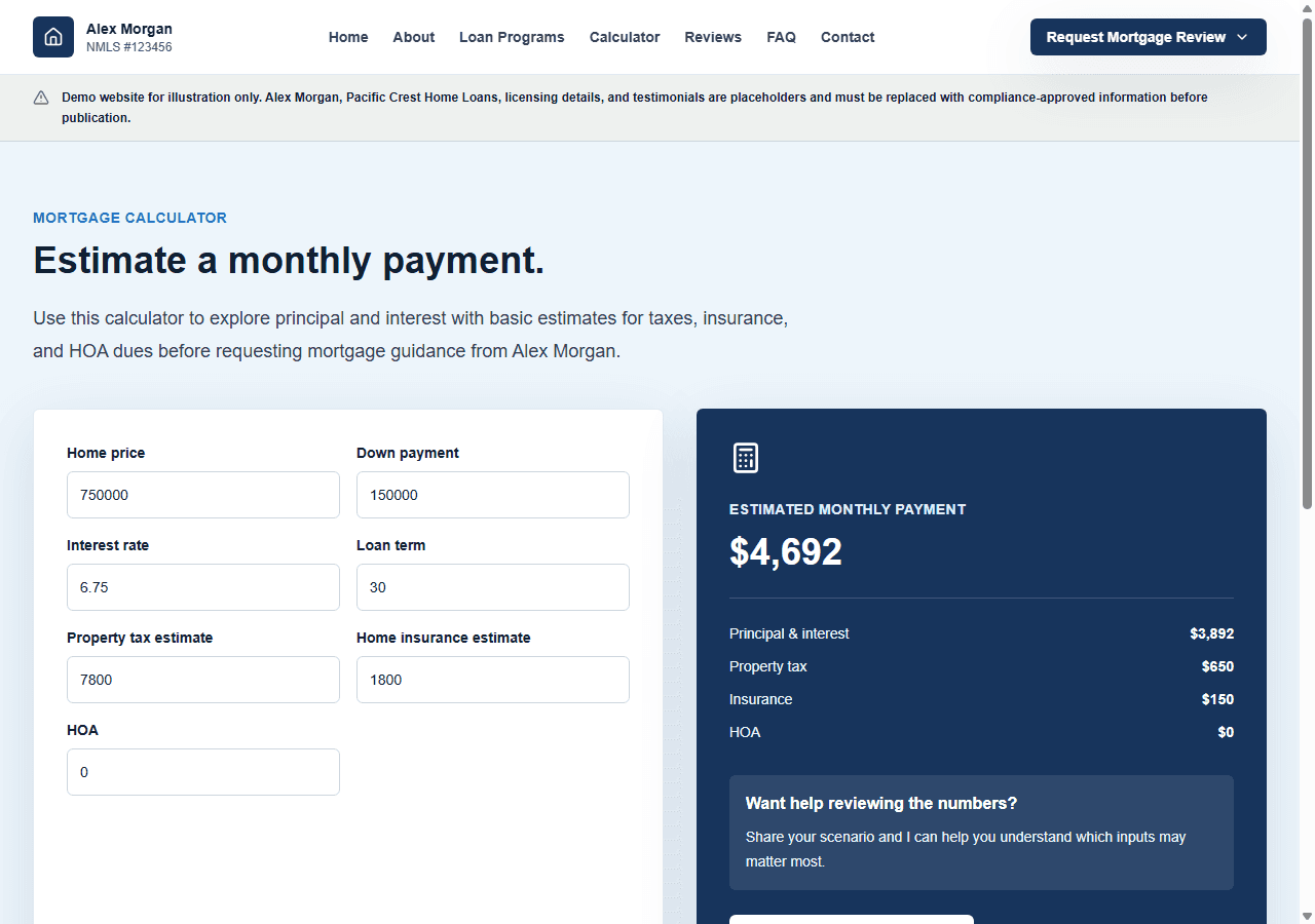 Mortgage calculator demo screenshot