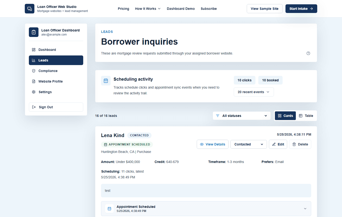 Lead dashboard demo screenshot